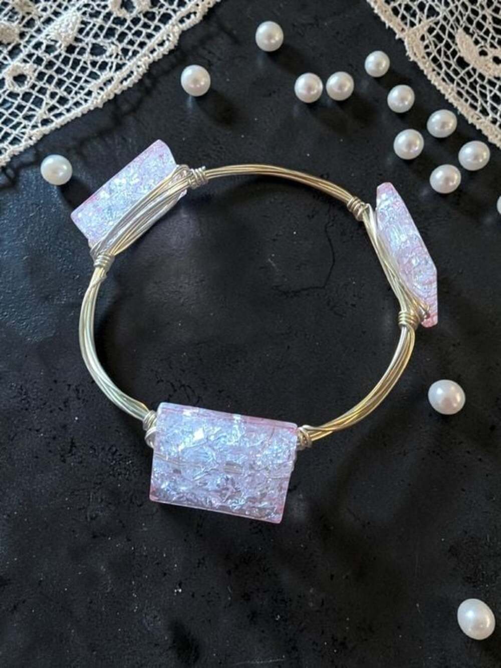 Pink Crackle Glass Wire Wrapped Bangle Bracelet